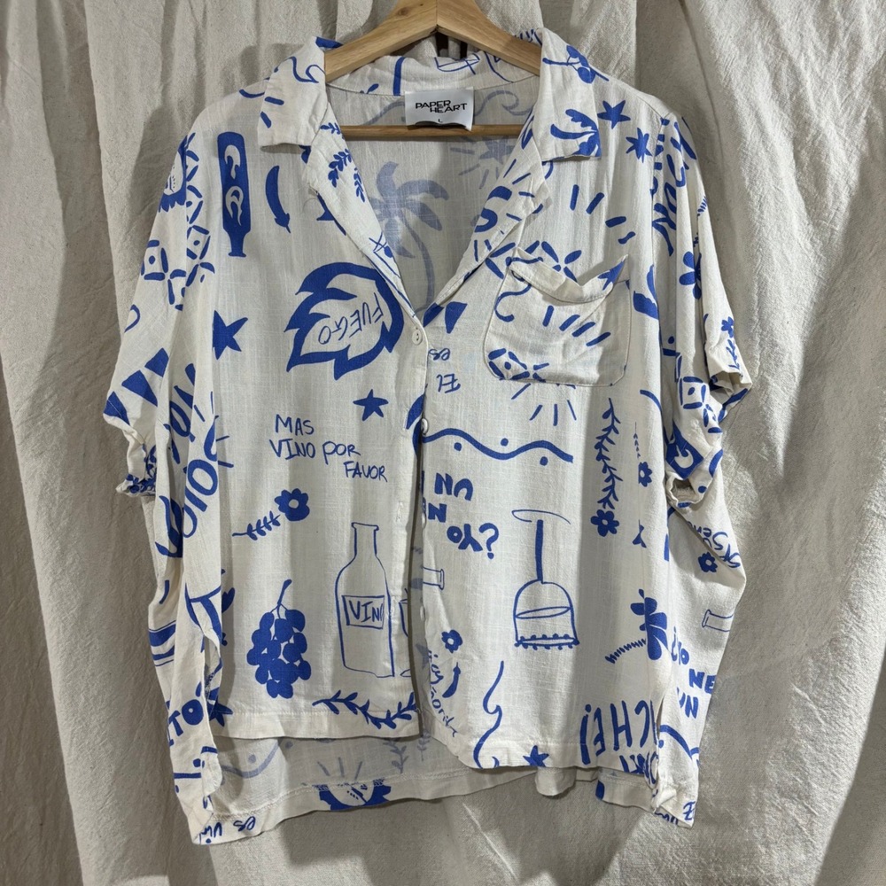 Womens Linen Blend Blue White Doodle Vino Summer Print Button Down Shirt Large
